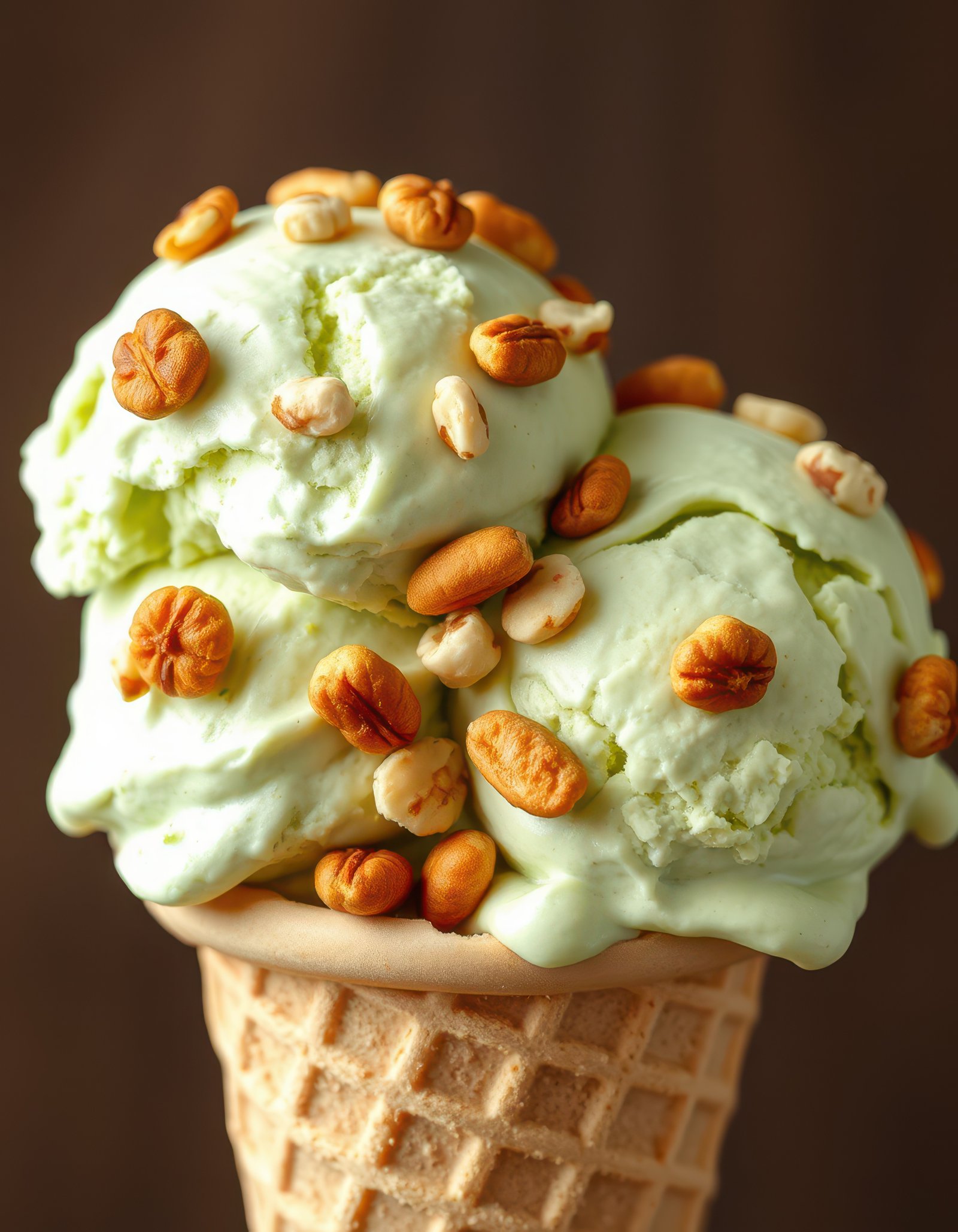 Creamy green ice cream cone topped with nuts in an inviting setting